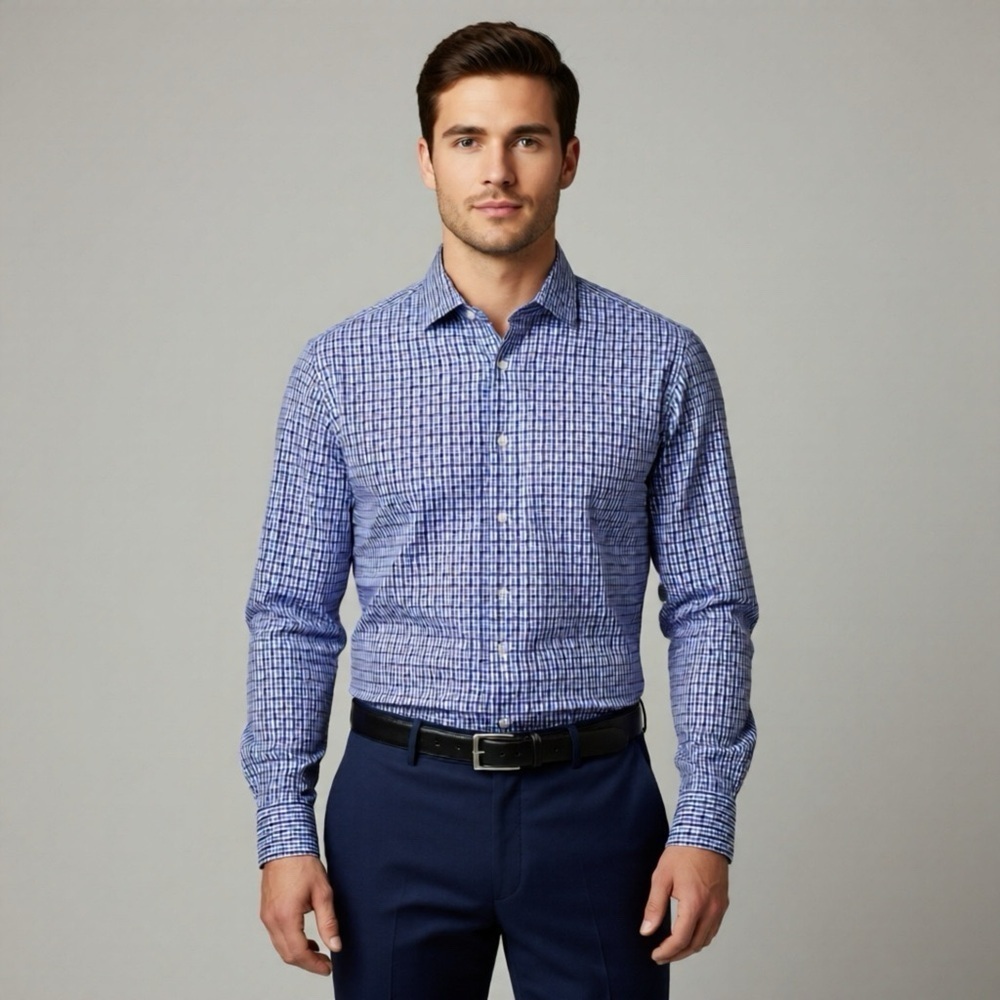 Hugo Boss Blue Checkered Mens Dress Shirt Size 16 / 41 Formal Button Down